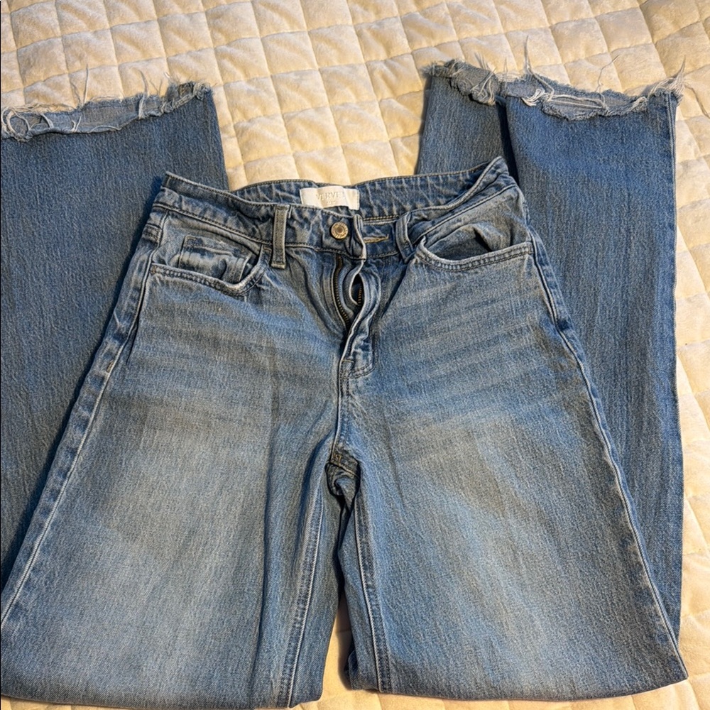 High-Rise Light Blue Wide Leg Jeans with Frayed Hem